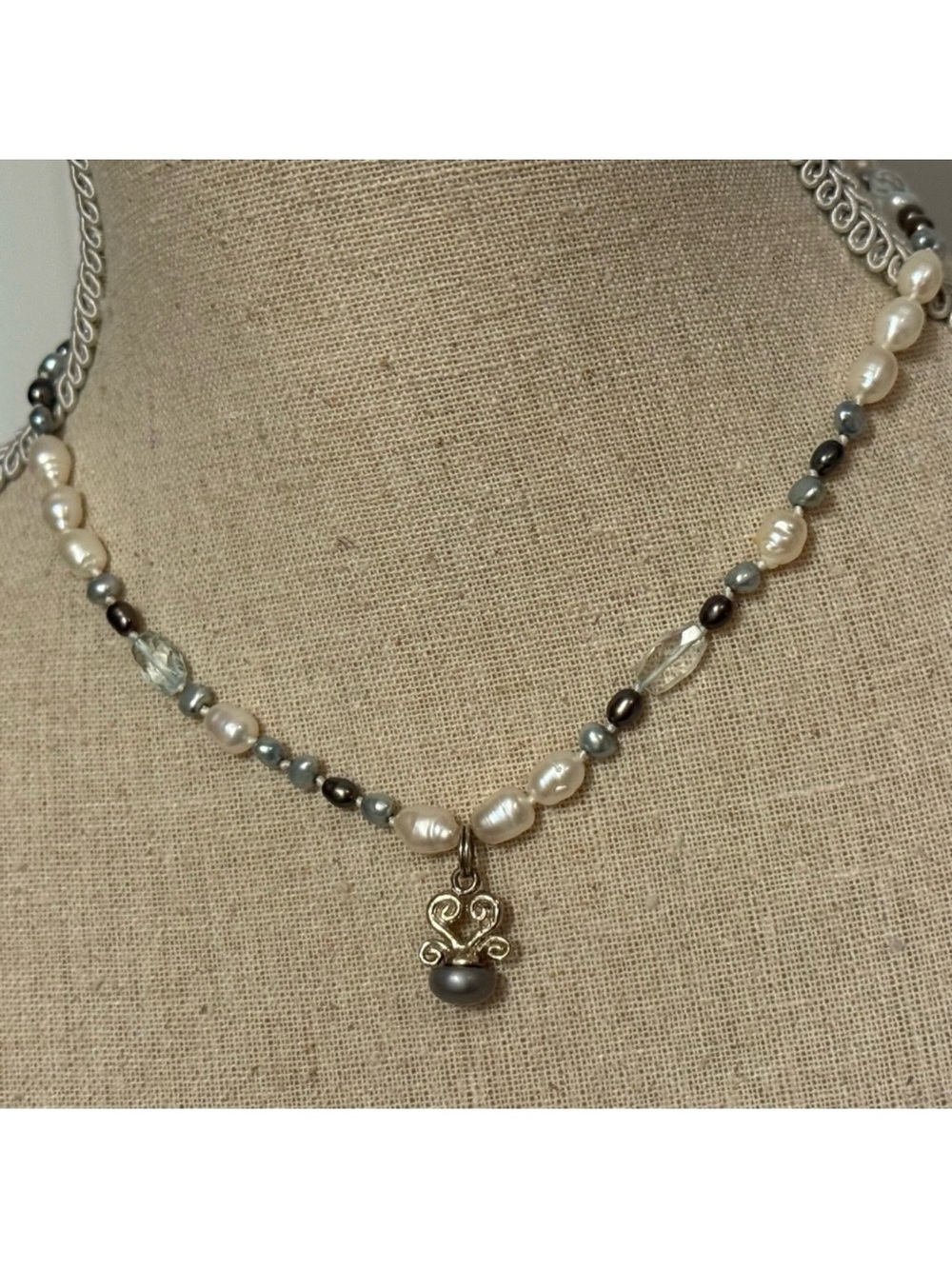 NECKLACE WHITE GRAY BAROQUE FRESHWATER PEARLS CRYSTAL ACCENT STERLING SILVER 16”